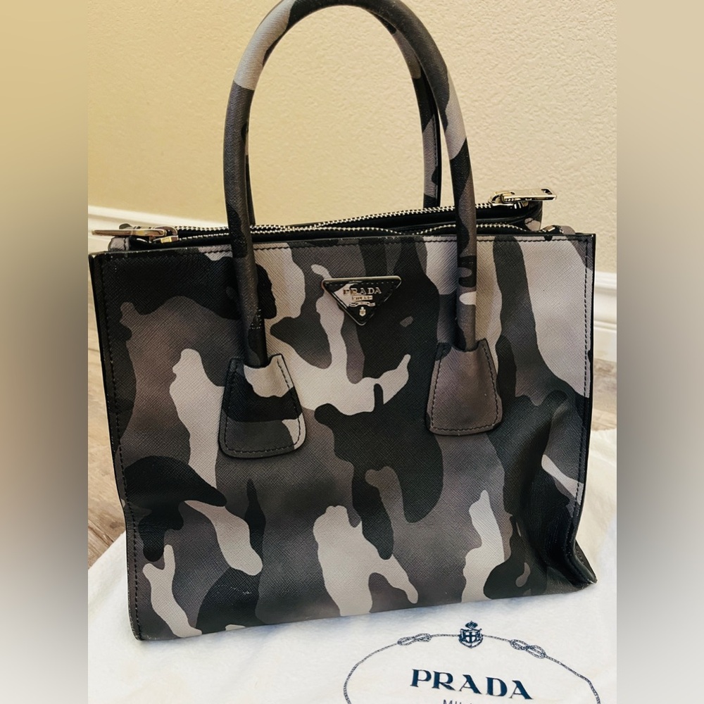 PRADA Marmo Black and Gray Camouflage Saffiano Leather Tote Bag